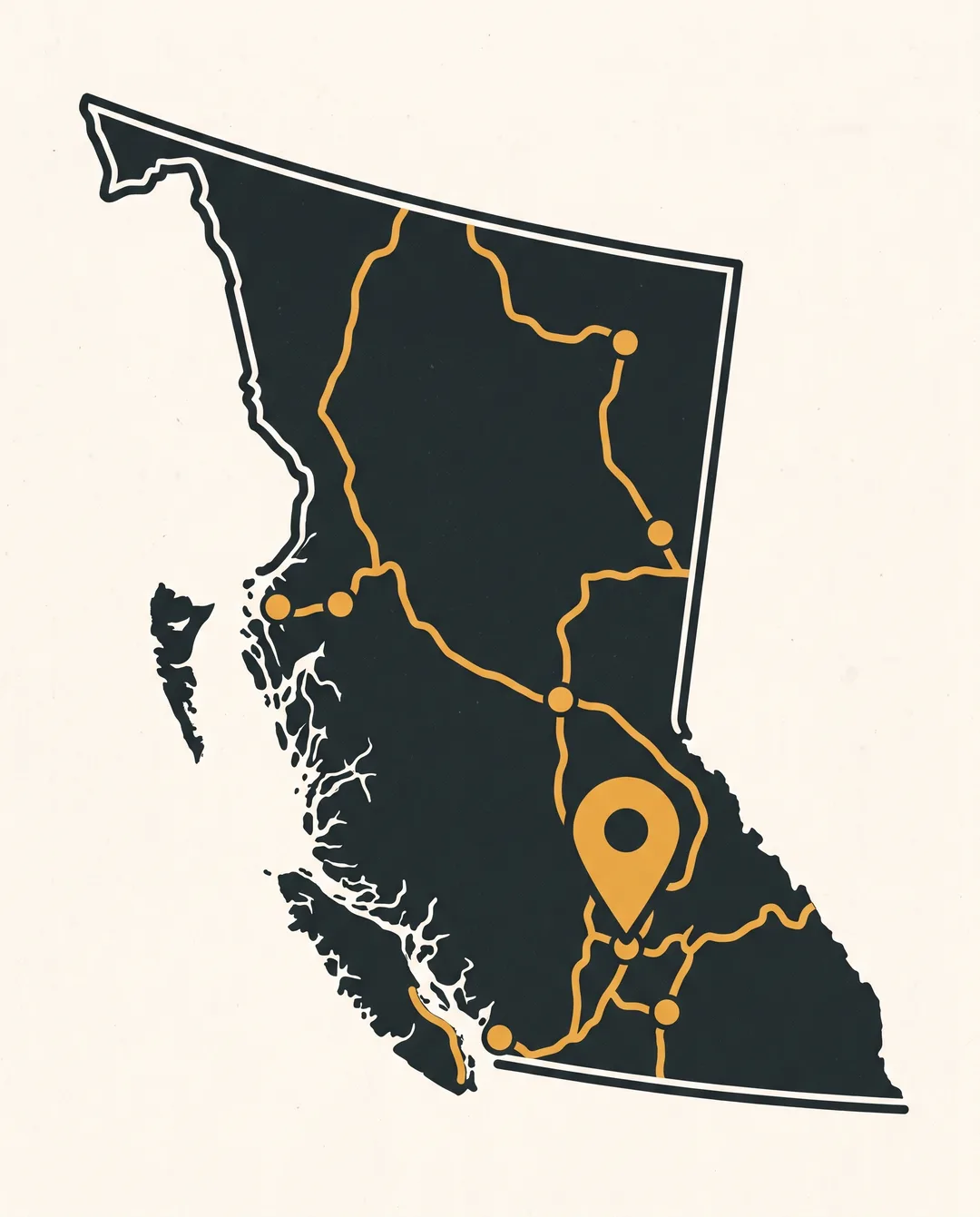 Screenprint map of British Columbia with a pin on the Summerland pit and roads radiating to the regions.