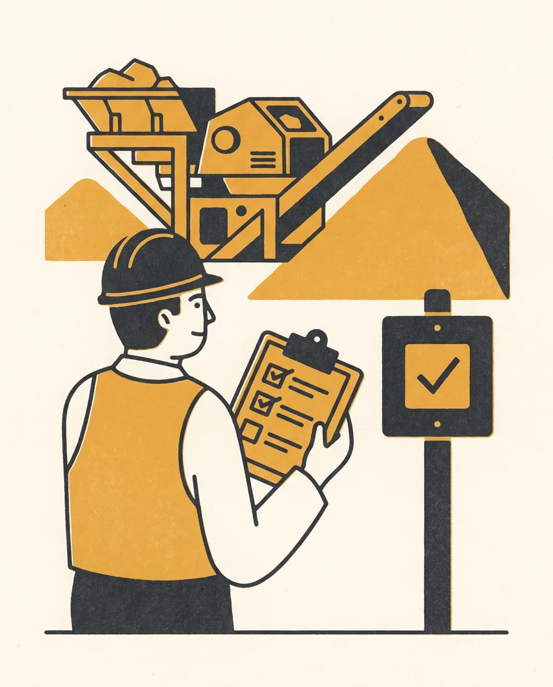 Screenprint illustration of a hard-hat supervisor with a safety and permit checklist beside a mobile crusher.
