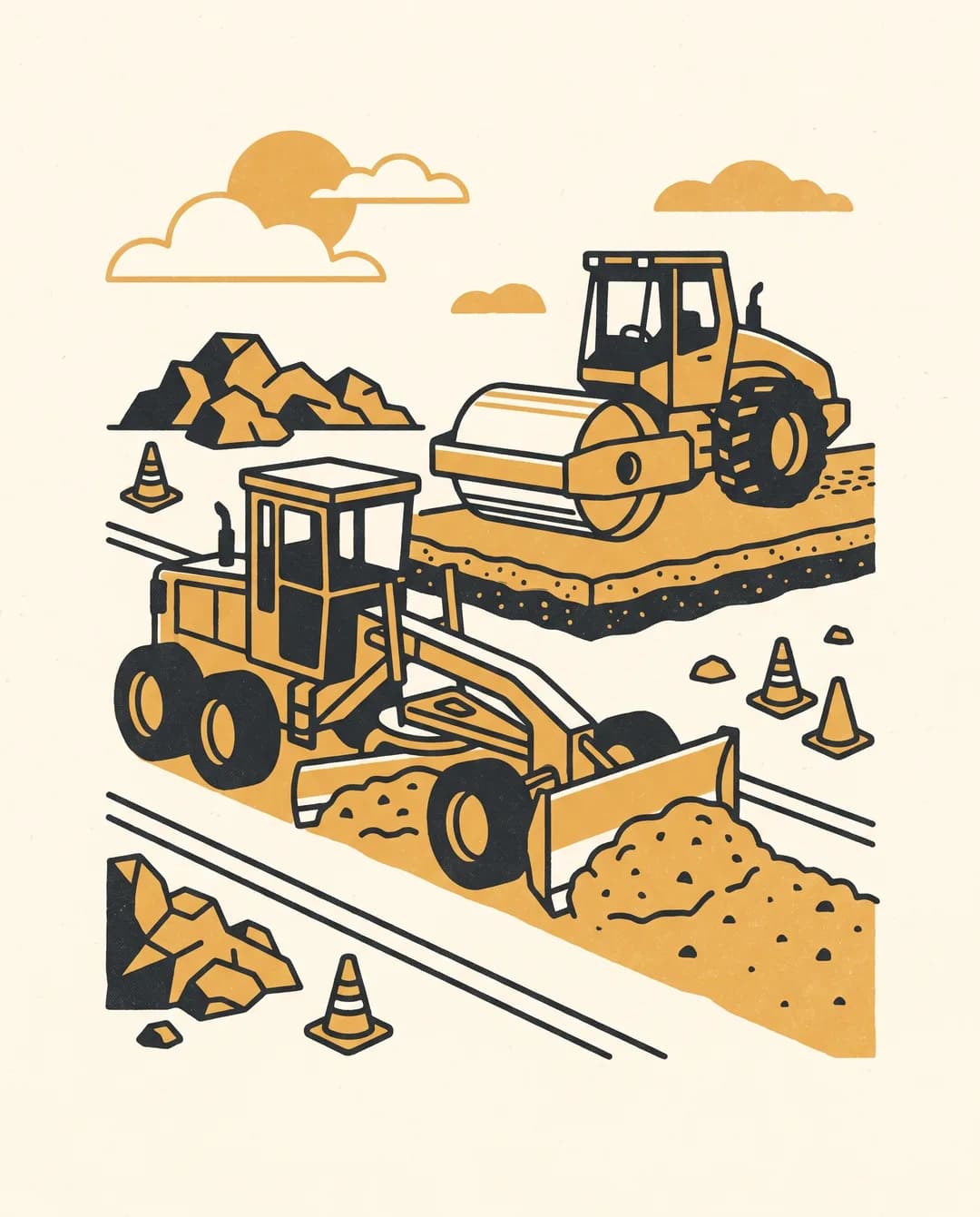 Screenprint illustration of a road roller and grader placing crushed aggregate on a highway under construction.