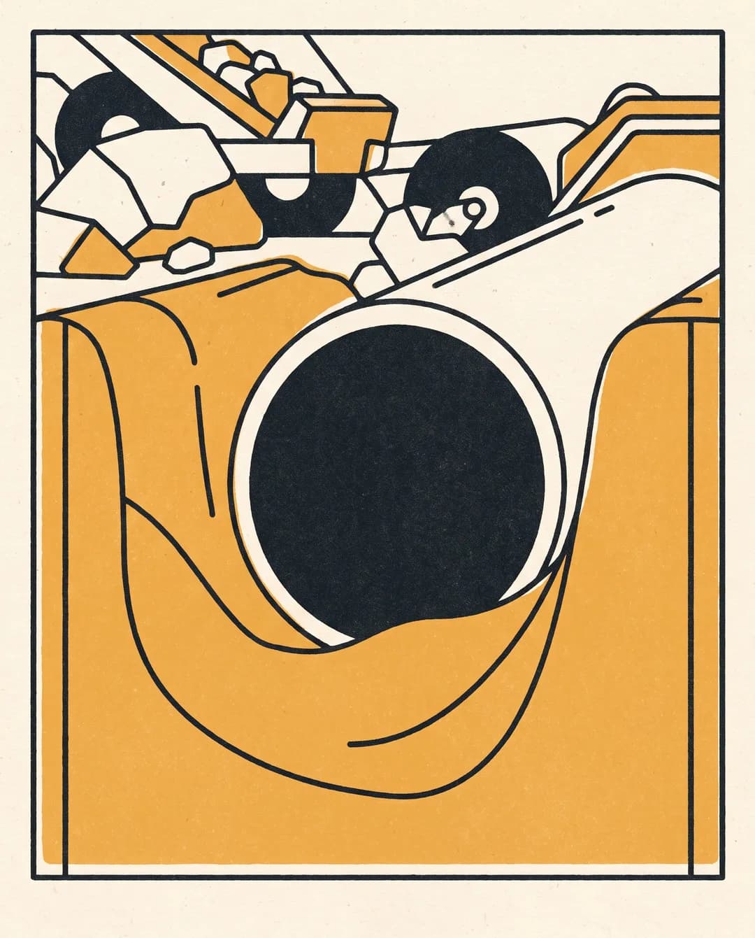 Screenprint cutaway illustration of fine bedding sand cradling a large pipe in a trench.