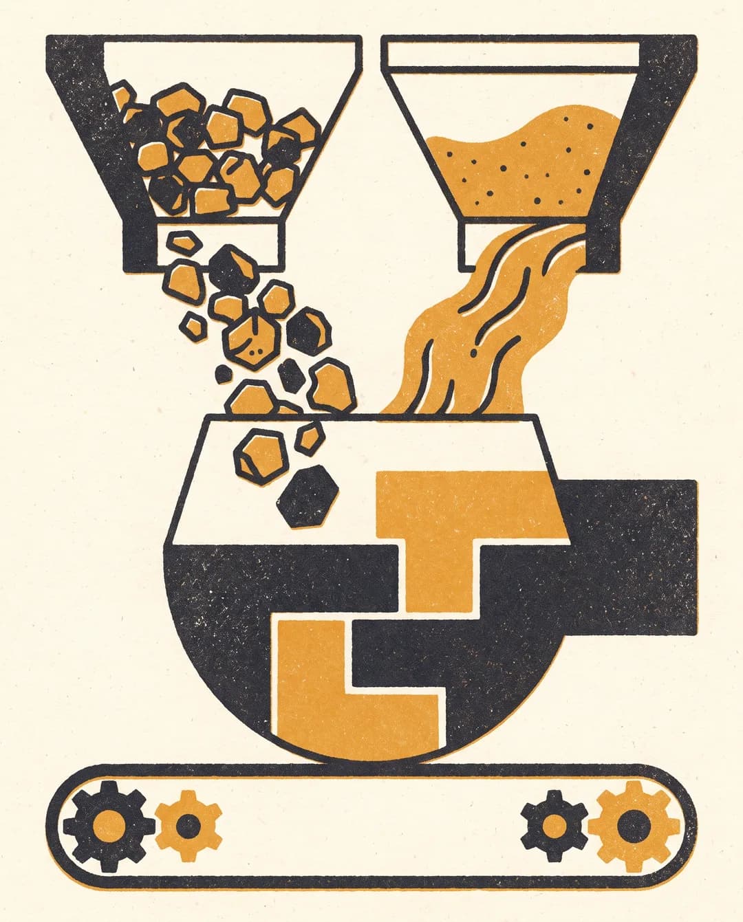 Screenprint illustration of coarse concrete aggregate and sand feeding a concrete mix.