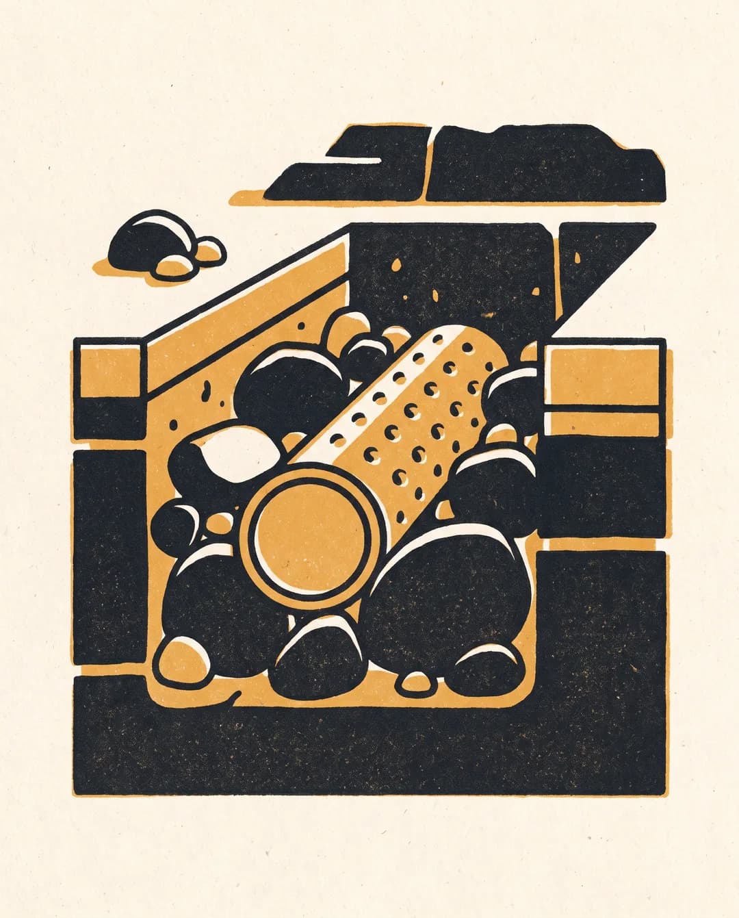 Screenprint cutaway illustration of clean drain rock packed around a perforated drainage pipe in a trench.