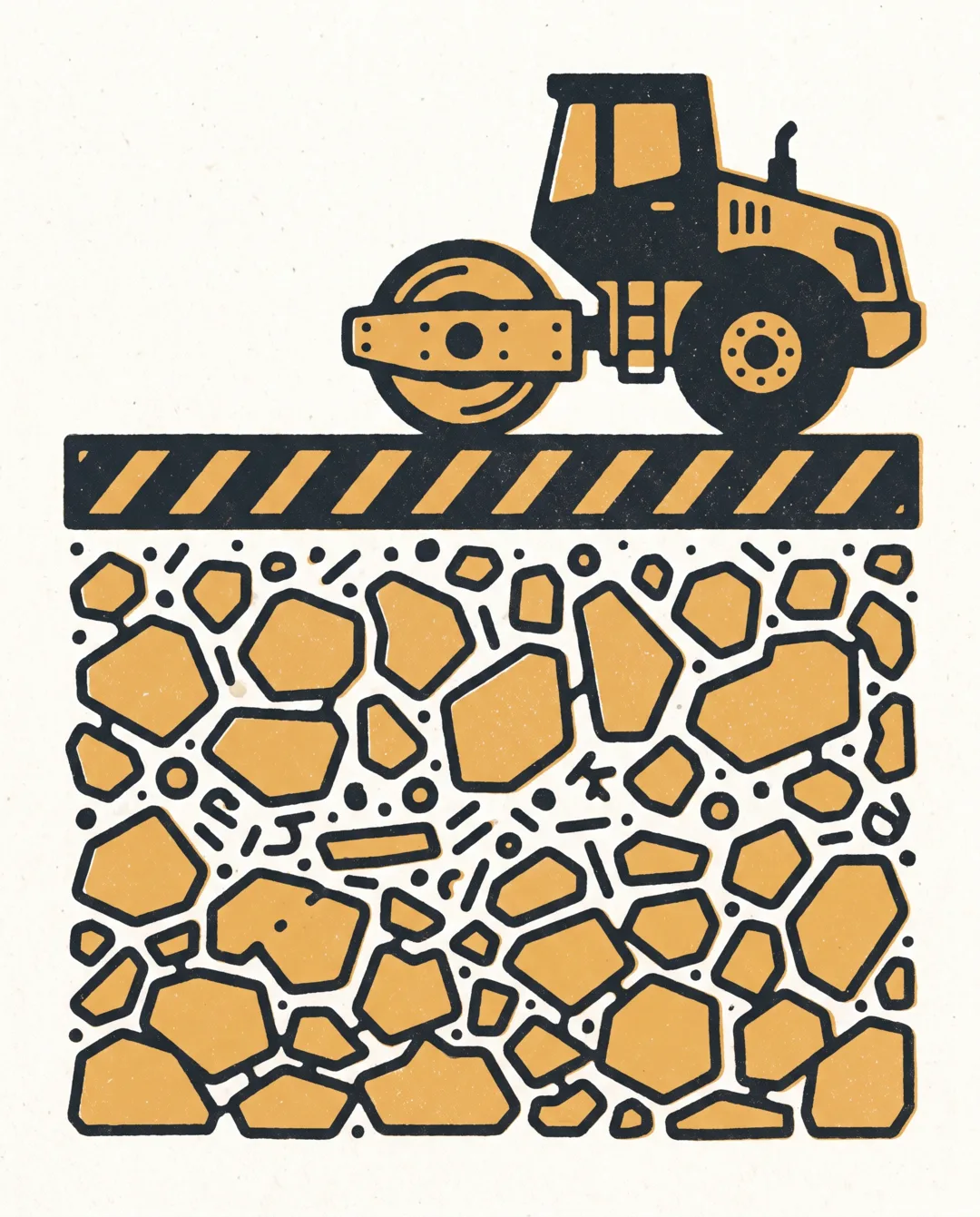 Screenprint cutaway illustration of a compacted crushed road base layer beneath a paved road.