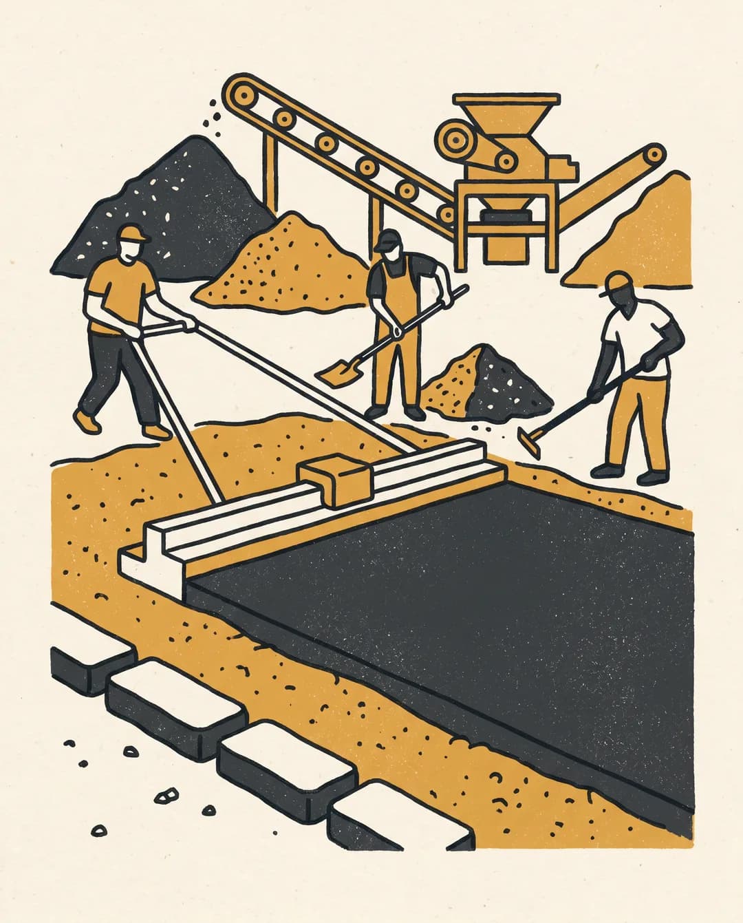 Screenprint illustration of crushed screenings being screeded flat as a leveling course beneath pavers.