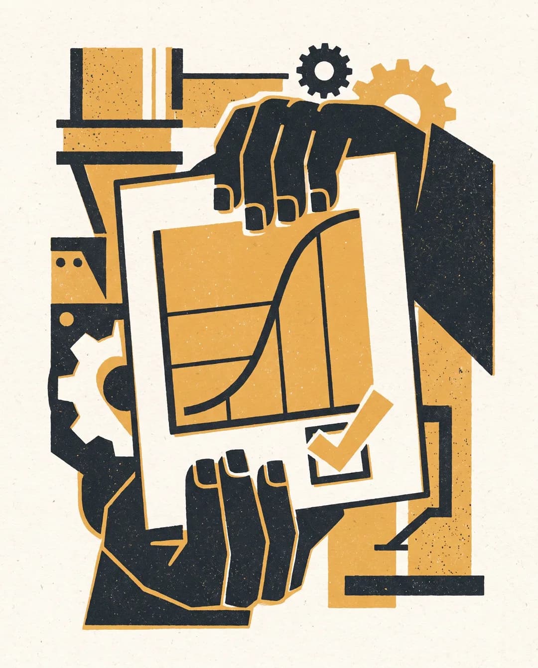 Screenprint illustration of hands holding an aggregate spec sheet with a gradation curve and an approval checkmark.