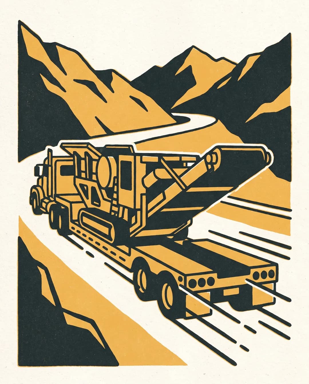 Screenprint illustration of a mobile crushing plant on a lowboy trailer hauling through the mountains toward a site.