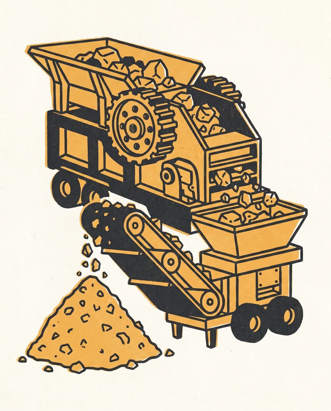 Screenprint illustration of a mobile crusher feeding crushed aggregate down a conveyor onto a pile.