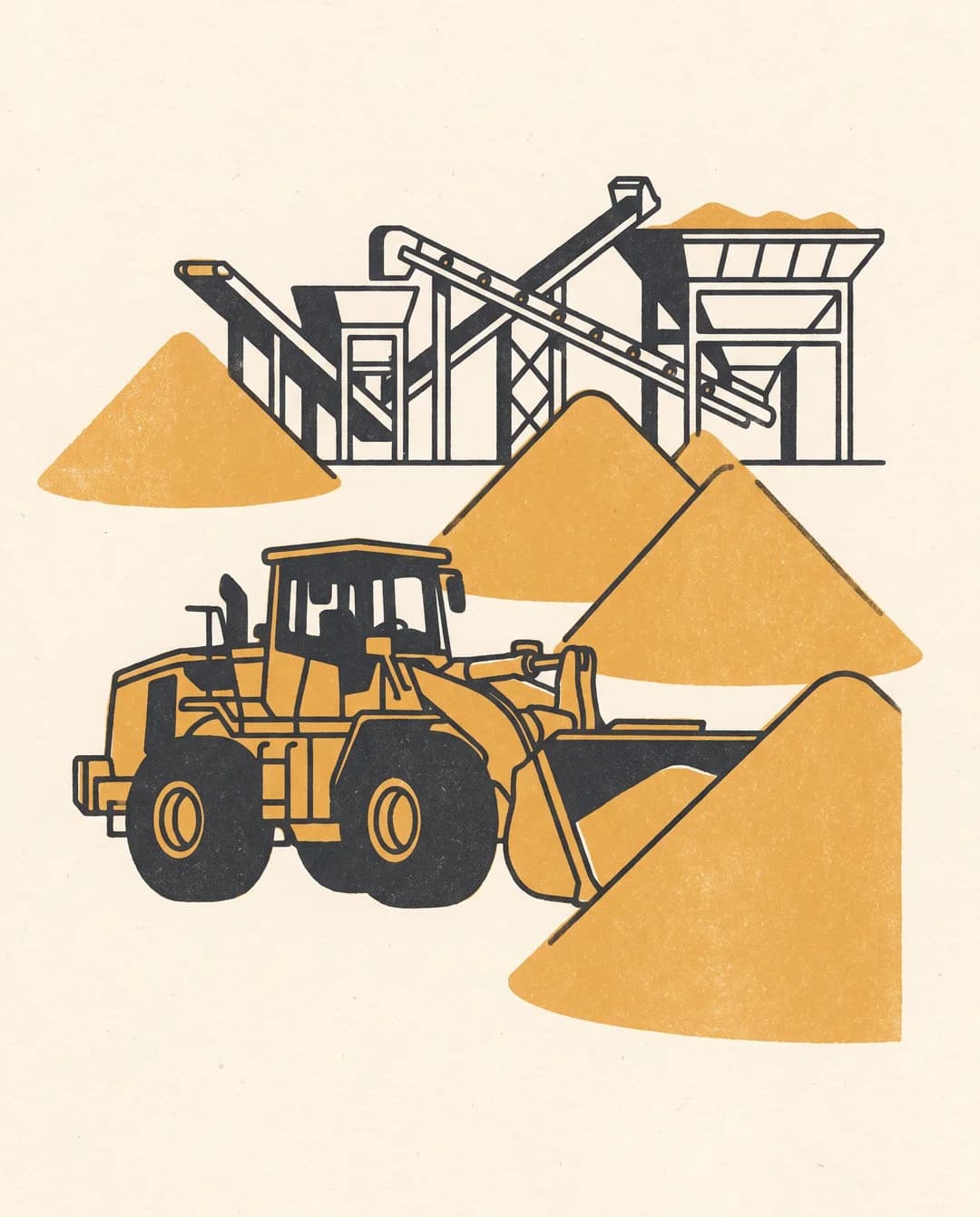 Screenprint illustration of a wheel loader building conical stockpiles of finished crushed aggregate.