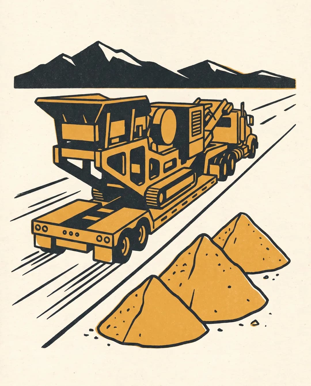 Screenprint illustration of the crushing plant and finished stockpiles at the pit as the job wraps up.
